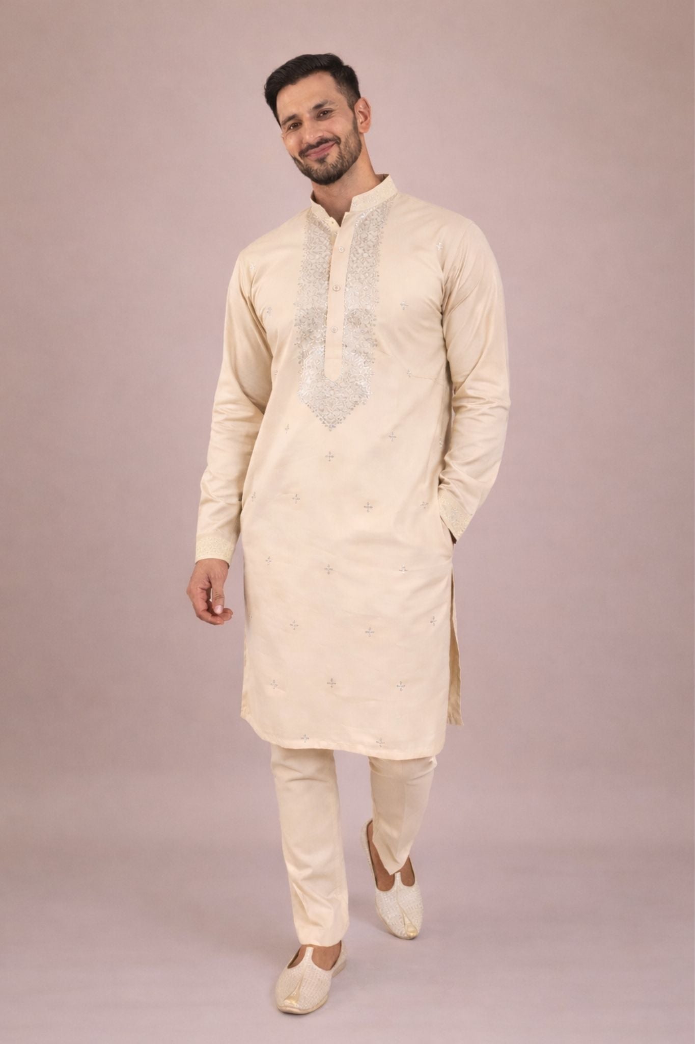 Karvaan Cream Giza Cotton Mirror Work with Pant