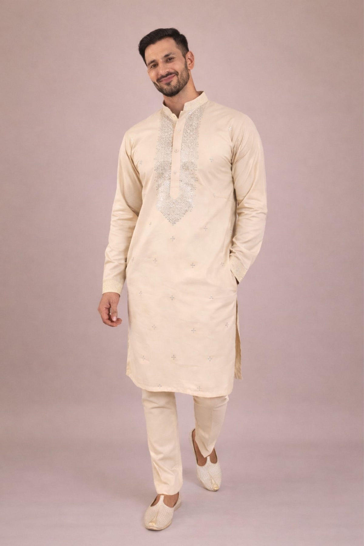 Karvaan Cream Giza Cotton Mirror Work with Pant
