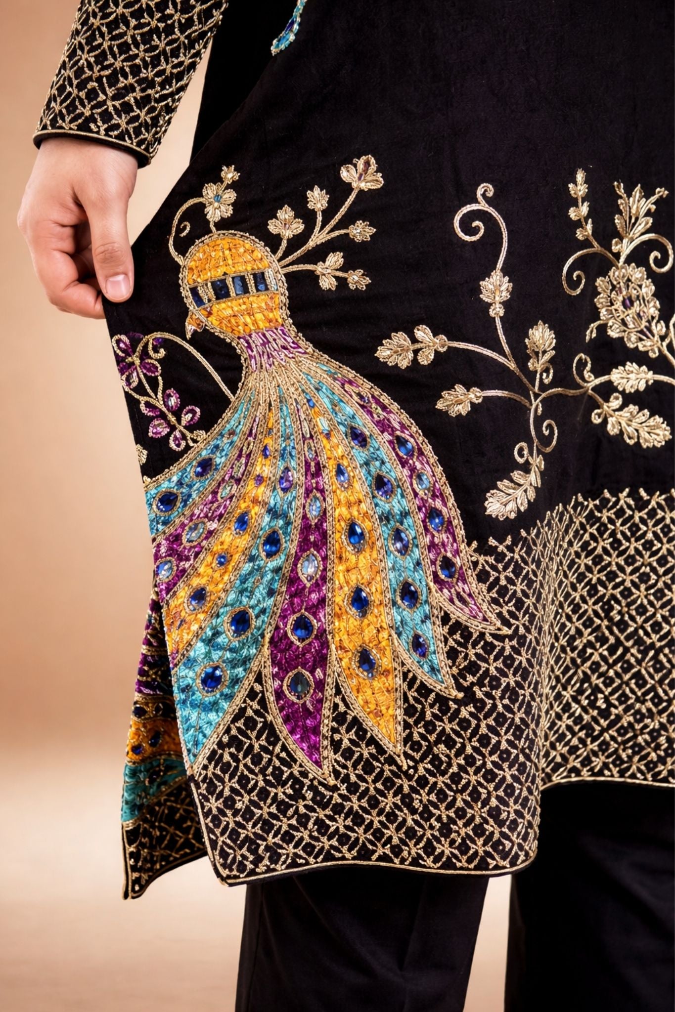 Karvaan Cotton Blend Ethnic Peacock Embroidery Long Kurta